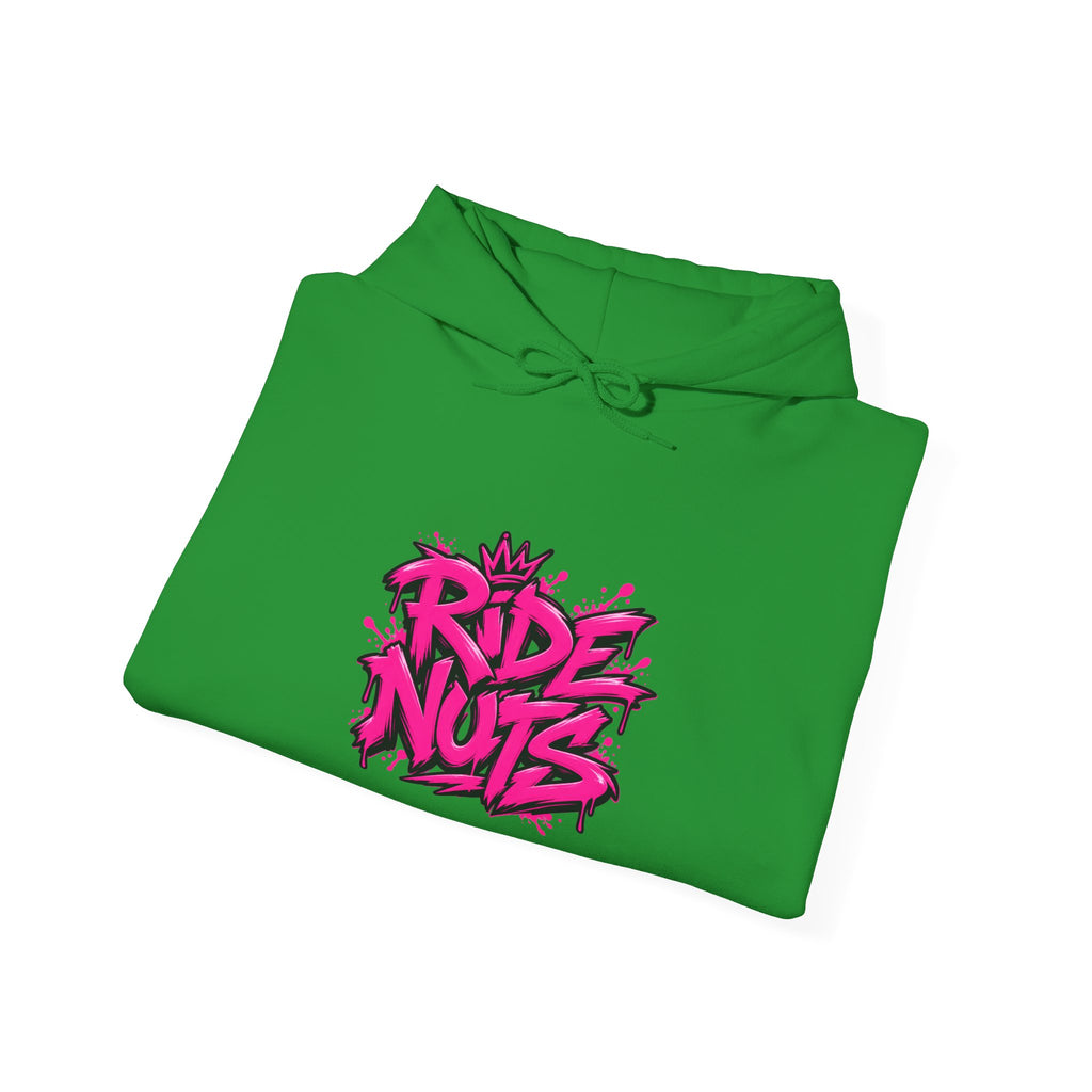 Ride Nuts Hoodie — Retro Graffiti Motorcycle Cartoon Pullover ("Ride Nuts Have Fun")