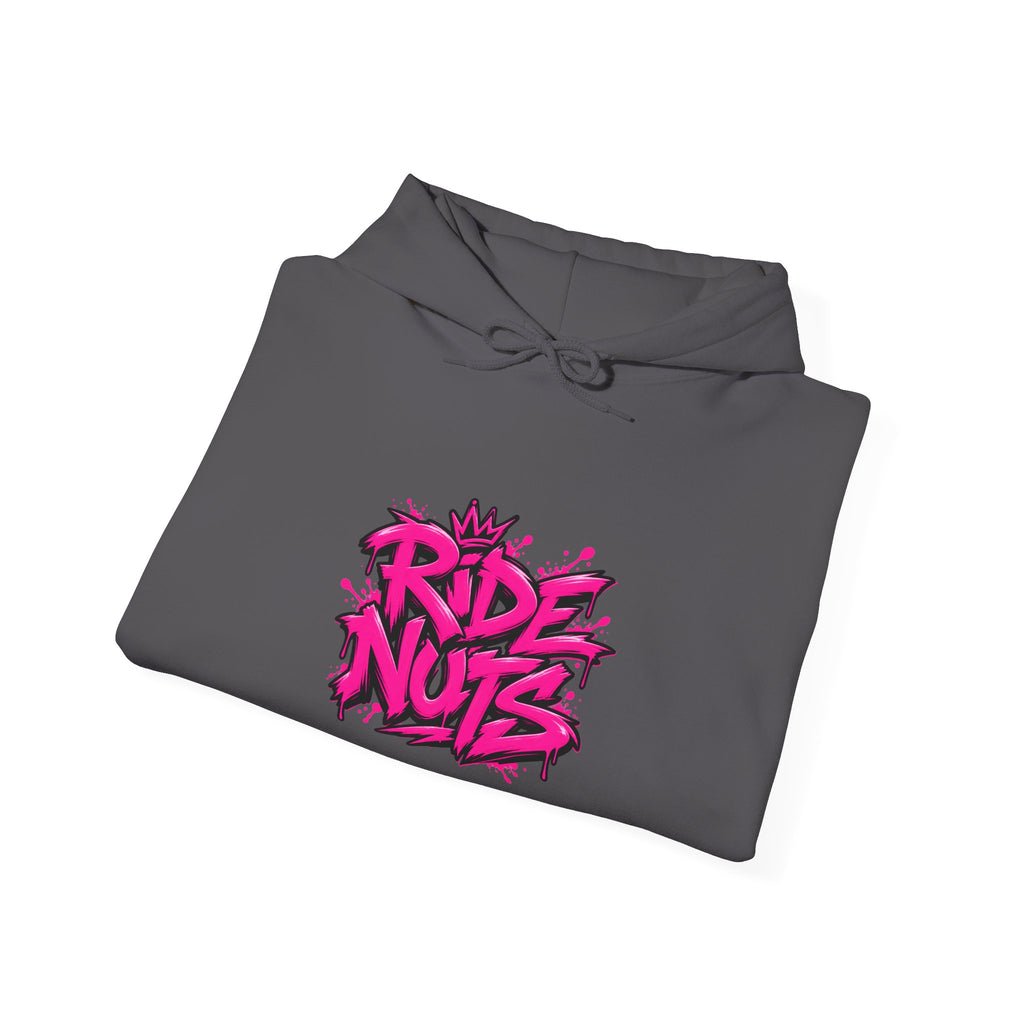 Ride Nuts Hoodie — Retro Graffiti Motorcycle Cartoon Pullover ("Ride Nuts Have Fun")