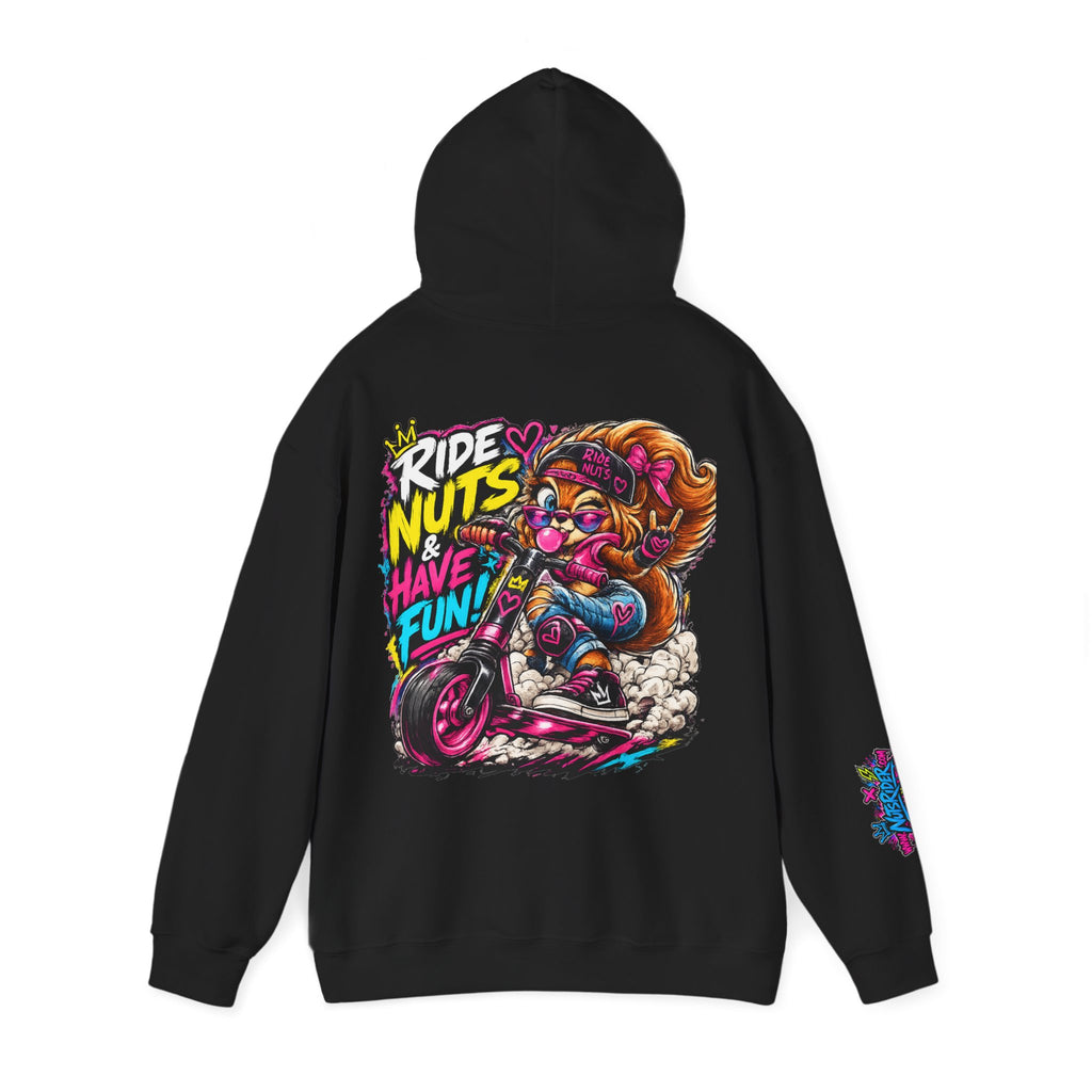 Ride Nuts Hoodie — Retro Graffiti Motorcycle Cartoon Pullover ("Ride Nuts Have Fun")