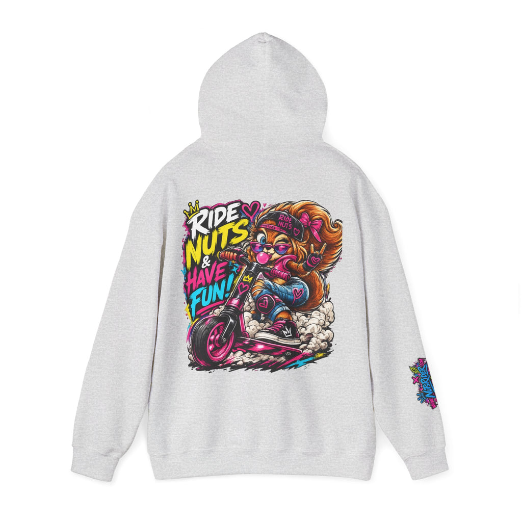 Ride Nuts Hoodie — Retro Graffiti Motorcycle Cartoon Pullover ("Ride Nuts Have Fun")