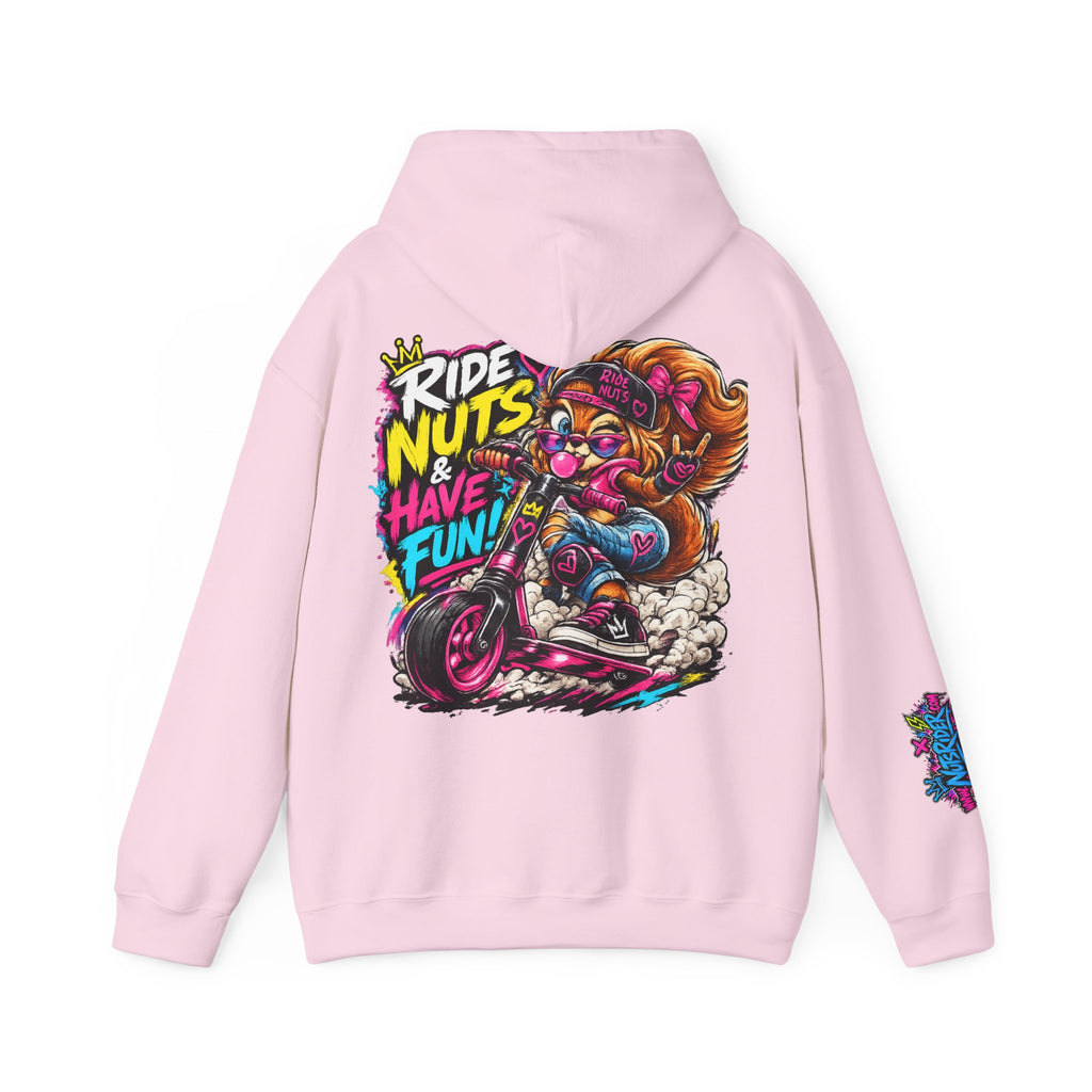 Ride Nuts Hoodie — Retro Graffiti Motorcycle Cartoon Pullover ("Ride Nuts Have Fun")