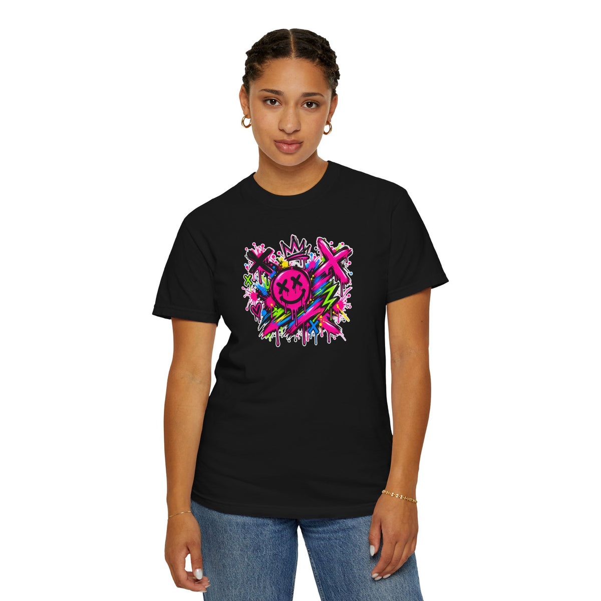 Graffiti Smiley T-Shirt — Neon Street Art Graphic Tee