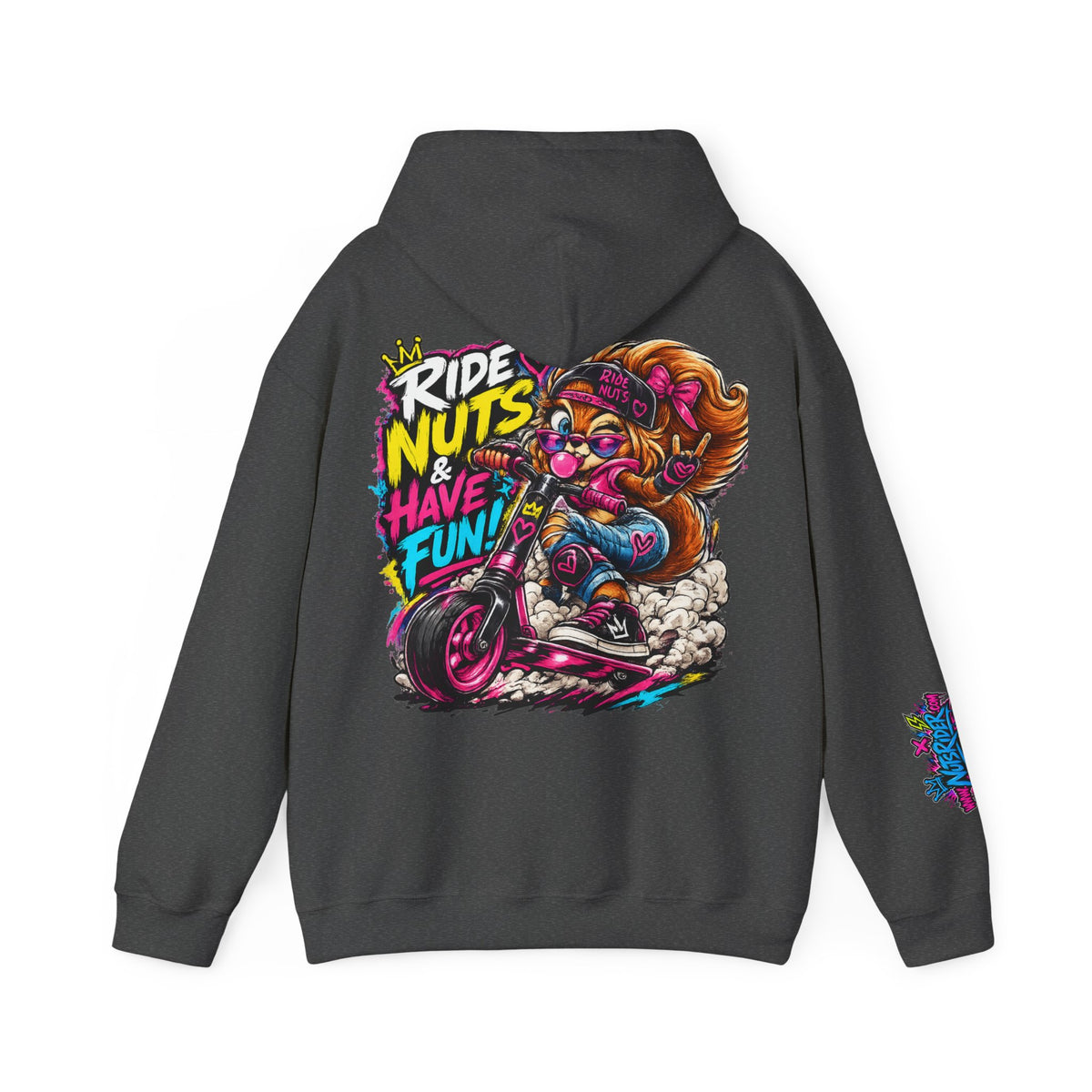 Ride Nuts Hoodie — Retro Graffiti Motorcycle Cartoon Pullover ("Ride Nuts Have Fun")