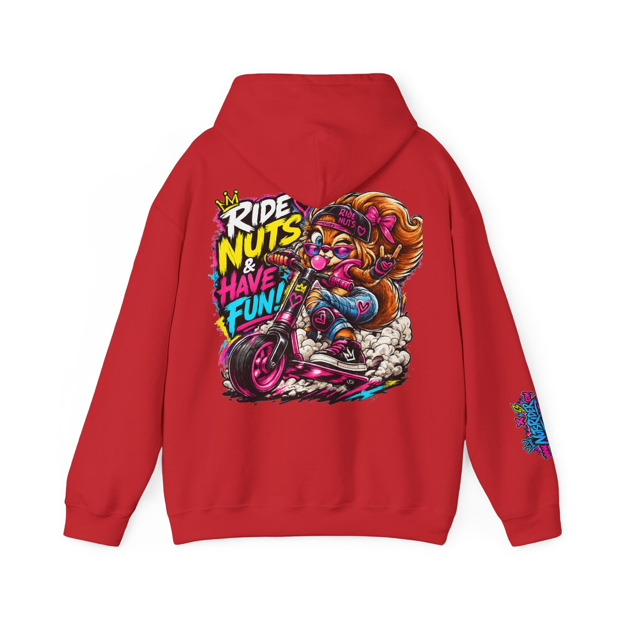 Ride Nuts Hoodie — Retro Graffiti Motorcycle Cartoon Pullover ("Ride Nuts Have Fun")
