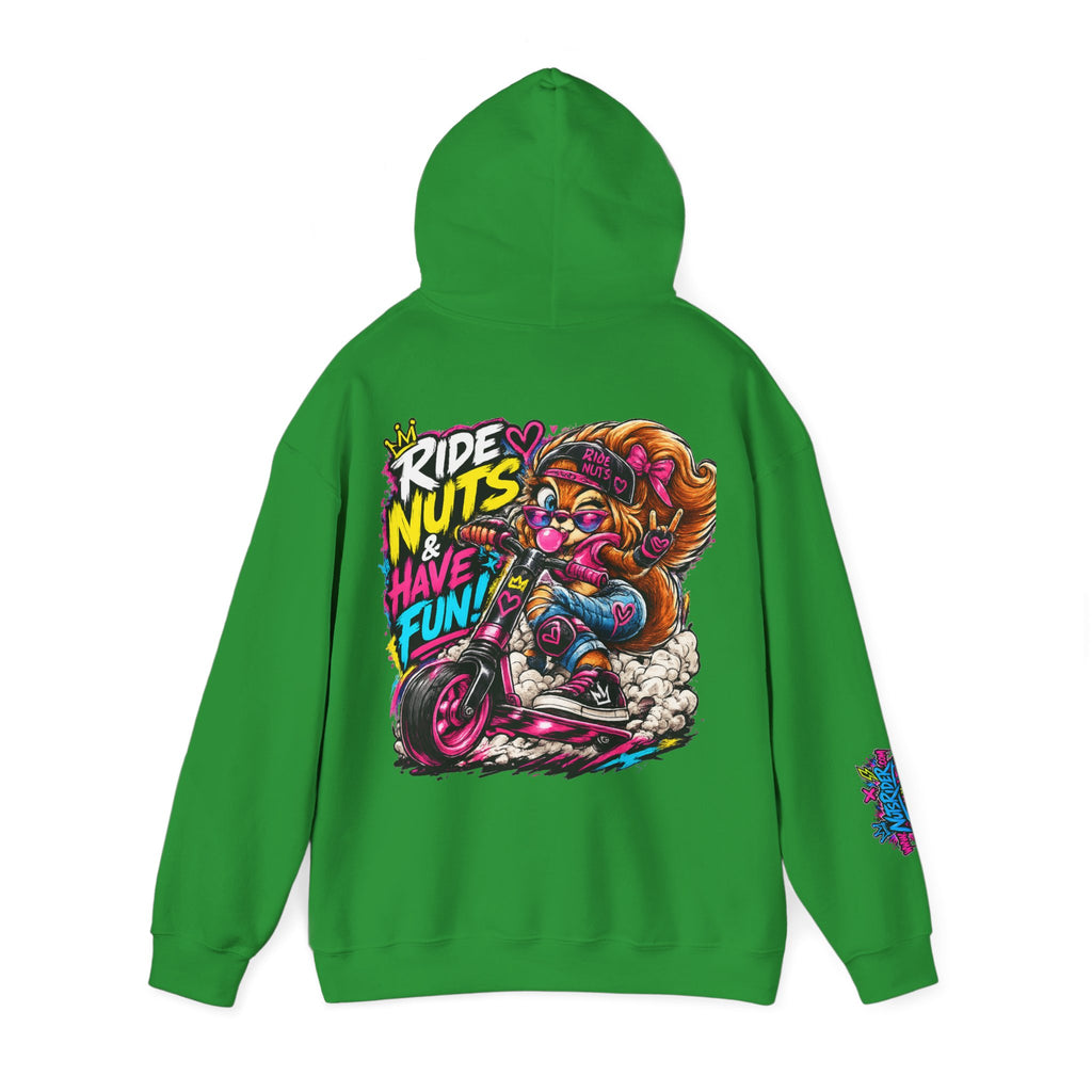 Ride Nuts Hoodie — Retro Graffiti Motorcycle Cartoon Pullover ("Ride Nuts Have Fun")