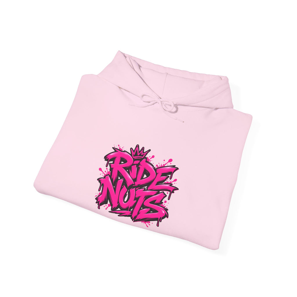 Ride Nuts Hoodie — Retro Graffiti Motorcycle Cartoon Pullover ("Ride Nuts Have Fun")