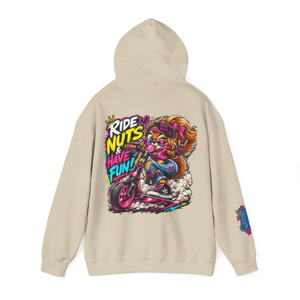 Ride Nuts Hoodie — Retro Graffiti Motorcycle Cartoon Pullover ("Ride Nuts Have Fun")
