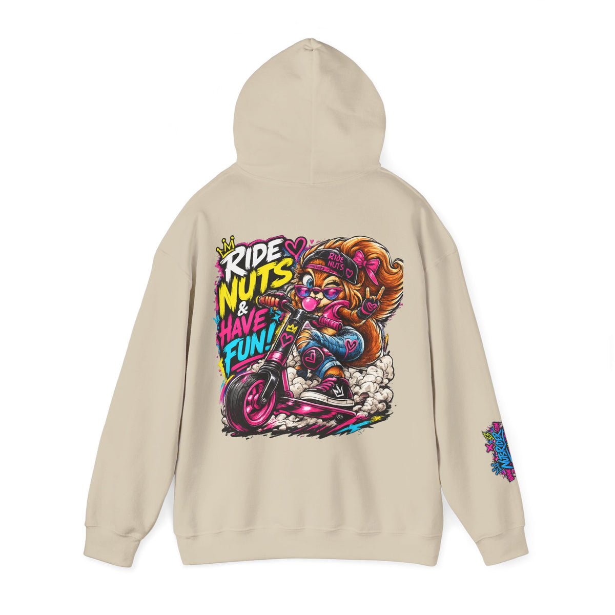 Ride Nuts Hoodie — Retro Graffiti Motorcycle Cartoon Pullover ("Ride Nuts Have Fun")