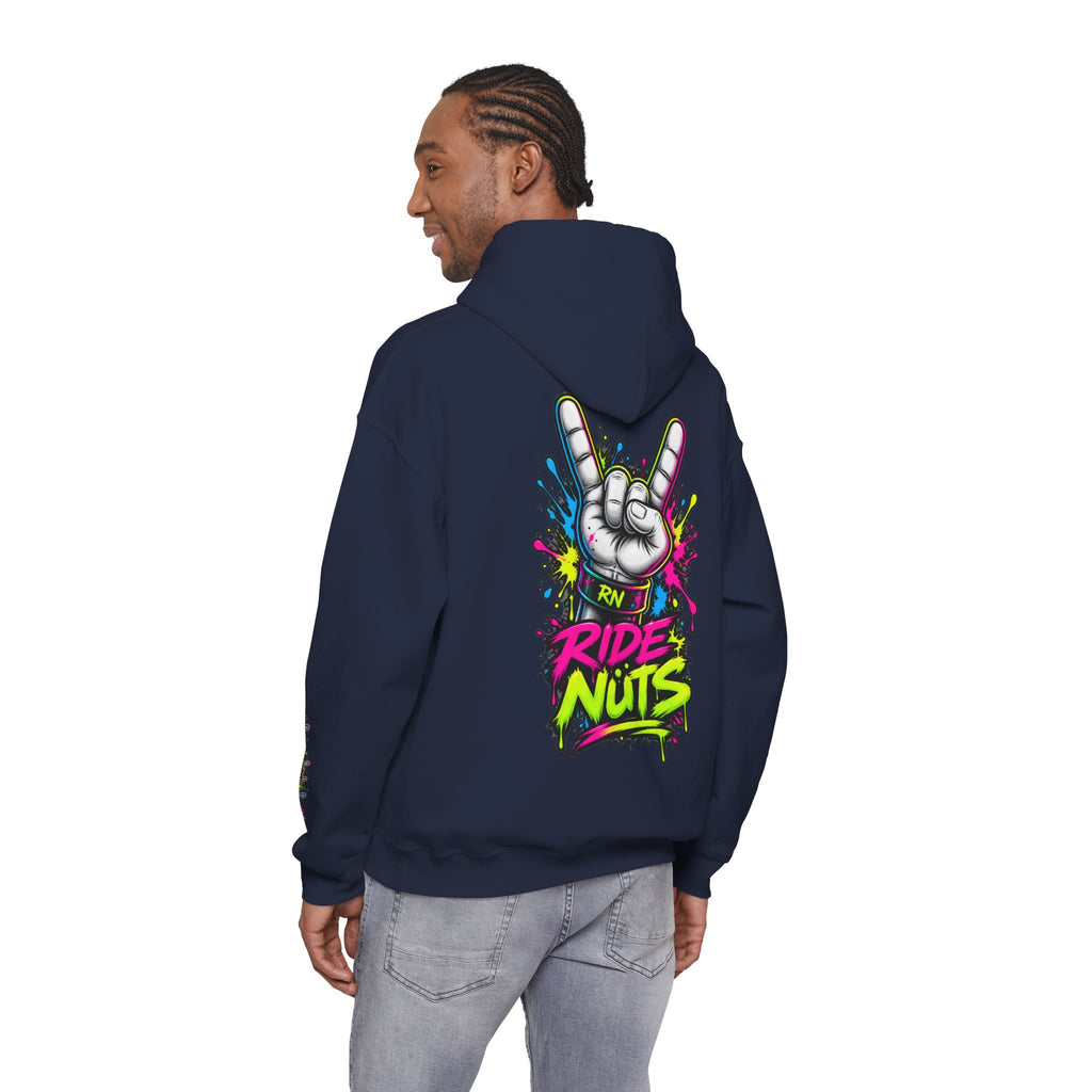 Ride Nuts Graphic Hoodie — Colorful Rock Hand Skull Moto Pullover