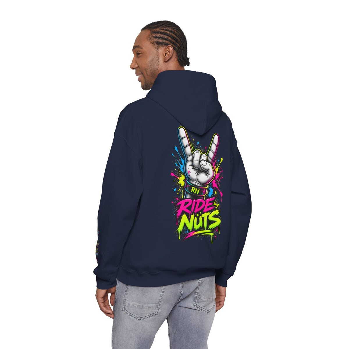 Ride Nuts Graphic Hoodie — Colorful Rock Hand Skull Moto Pullover