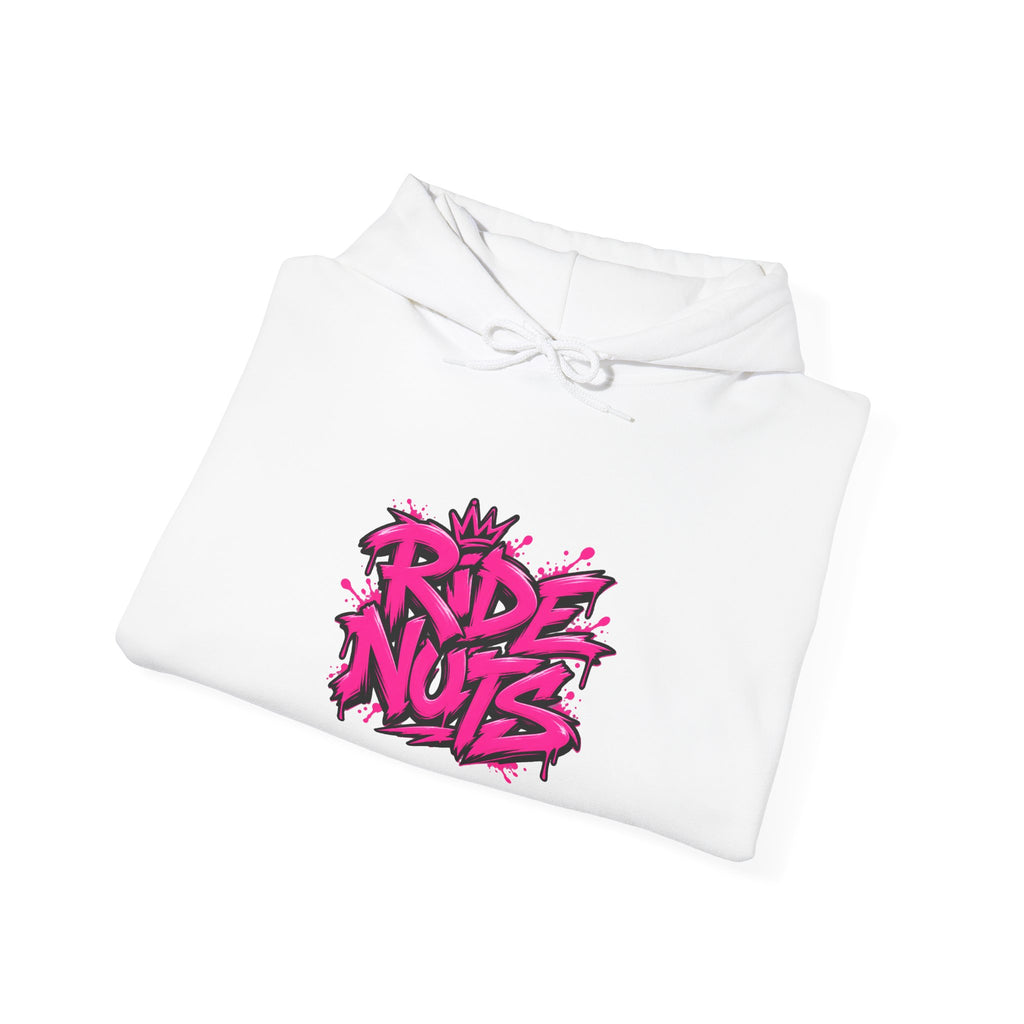 Ride Nuts Hoodie — Retro Graffiti Motorcycle Cartoon Pullover ("Ride Nuts Have Fun")