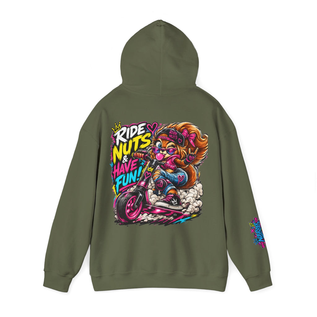 Ride Nuts Hoodie — Retro Graffiti Motorcycle Cartoon Pullover ("Ride Nuts Have Fun")