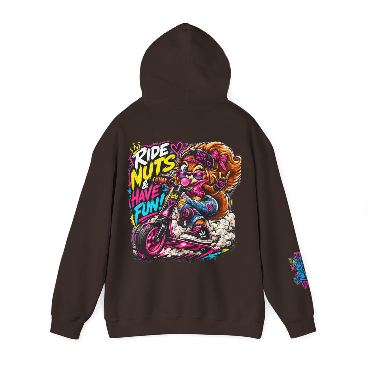 Ride Nuts Hoodie — Retro Graffiti Motorcycle Cartoon Pullover ("Ride Nuts Have Fun")