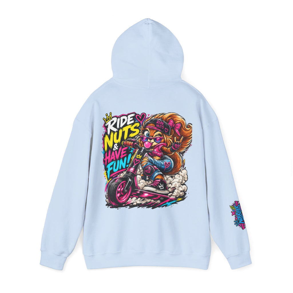 Ride Nuts Hoodie — Retro Graffiti Motorcycle Cartoon Pullover ("Ride Nuts Have Fun")