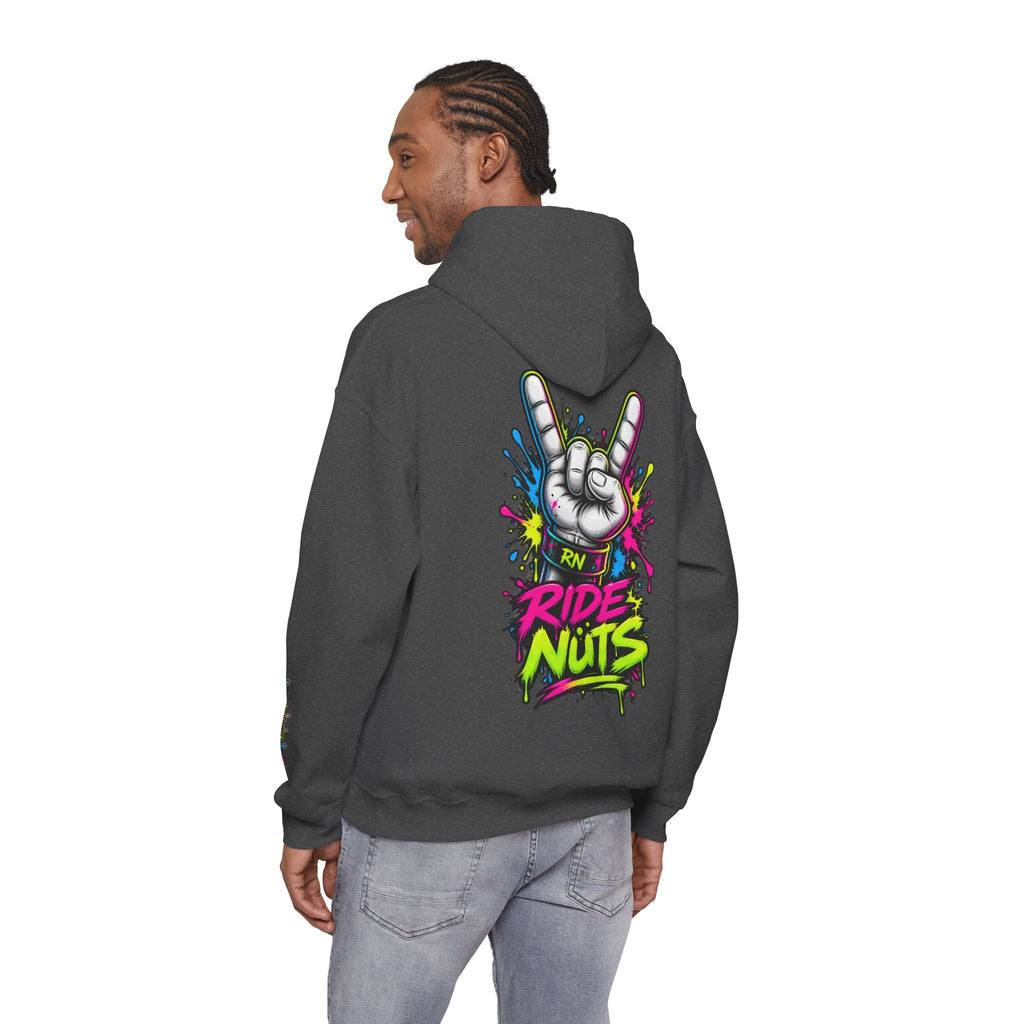 Ride Nuts Graphic Hoodie — Colorful Rock Hand Skull Moto Pullover