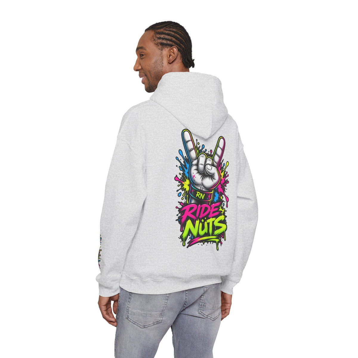 Ride Nuts Graphic Hoodie — Colorful Rock Hand Skull Moto Pullover
