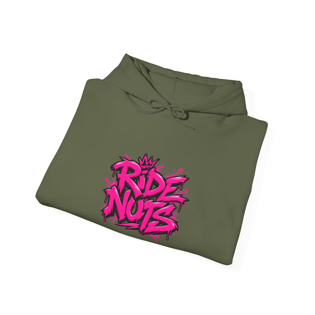 Ride Nuts Hoodie — Retro Graffiti Motorcycle Cartoon Pullover ("Ride Nuts Have Fun")