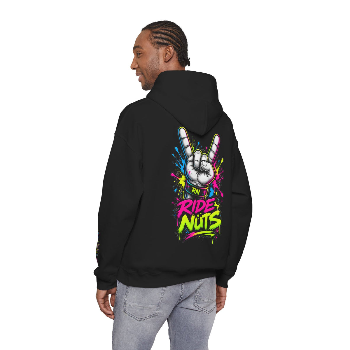 Ride Nuts Graphic Hoodie — Colorful Rock Hand Skull Moto Pullover