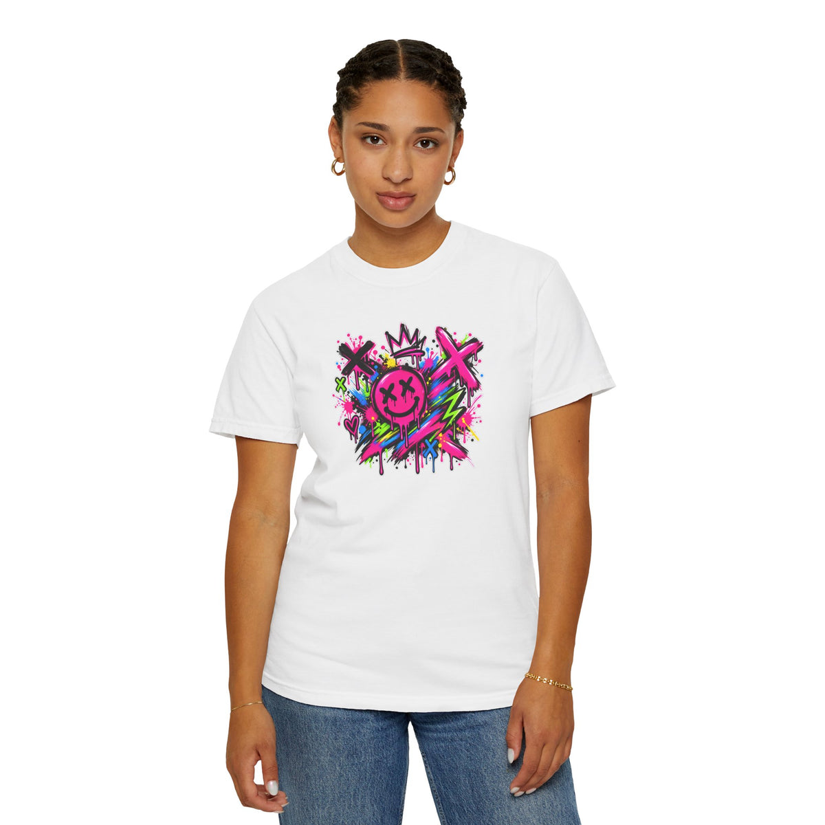 Graffiti Smiley T-Shirt — Neon Street Art Graphic Tee