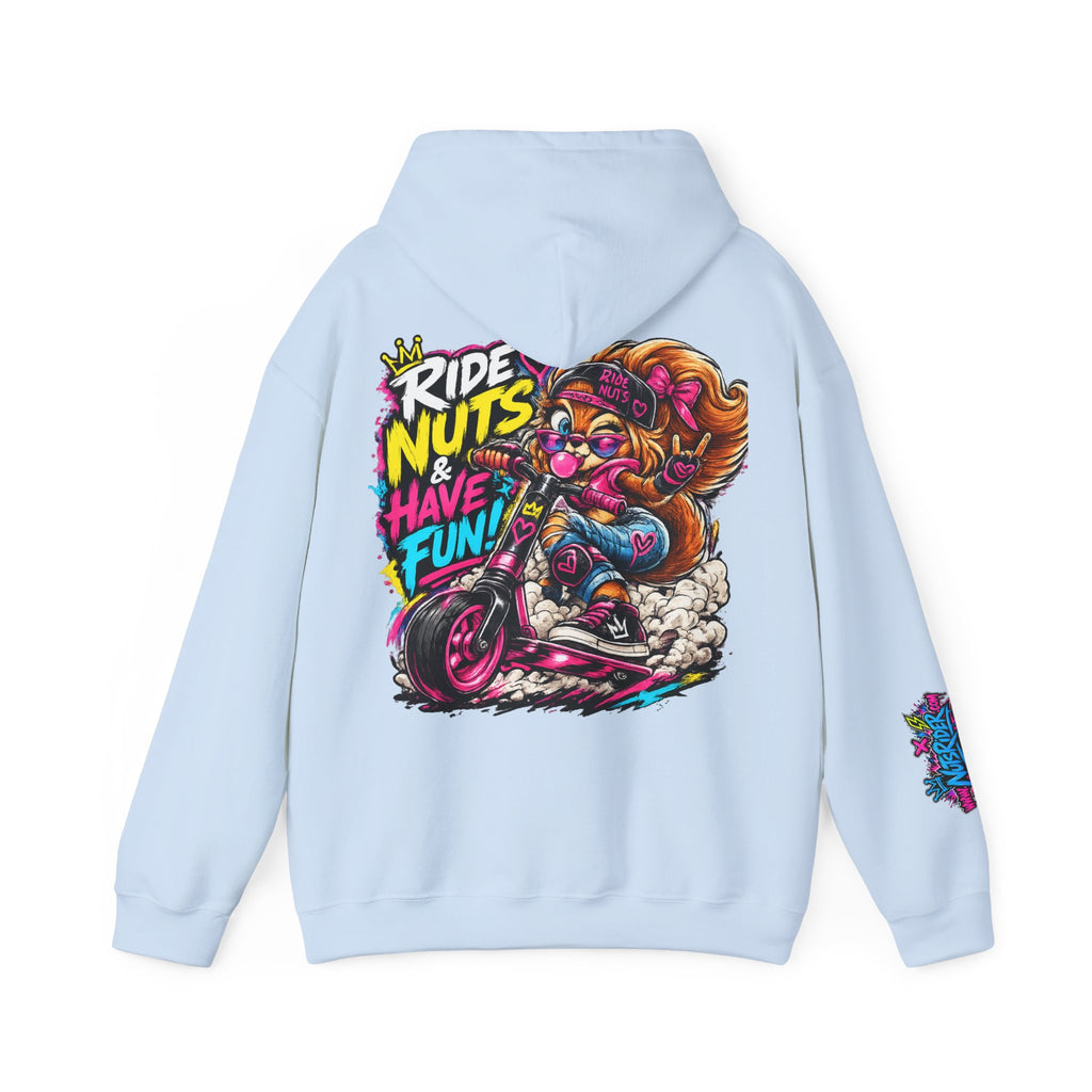 Ride Nuts Hoodie — Retro Graffiti Motorcycle Cartoon Pullover ("Ride Nuts Have Fun")