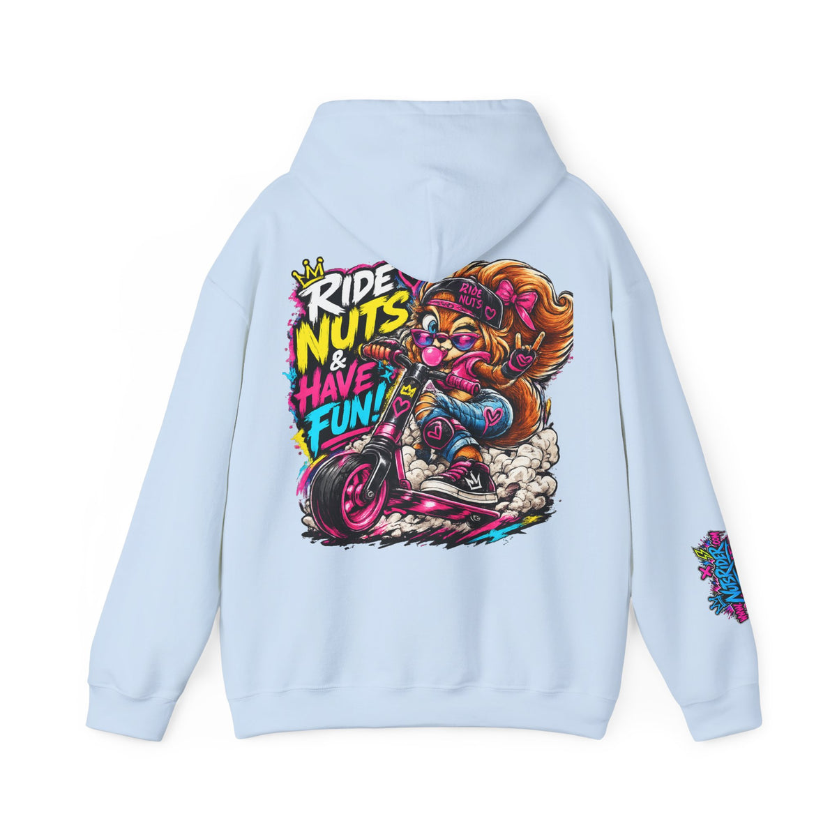 Ride Nuts Hoodie — Retro Graffiti Motorcycle Cartoon Pullover ("Ride Nuts Have Fun")