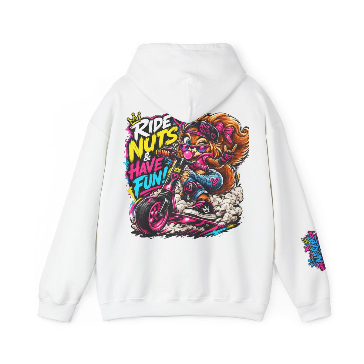 Ride Nuts Hoodie — Retro Graffiti Motorcycle Cartoon Pullover ("Ride Nuts Have Fun")