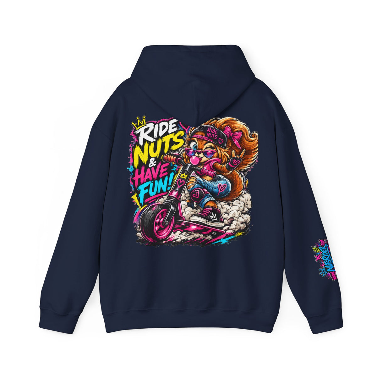 Ride Nuts Hoodie — Retro Graffiti Motorcycle Cartoon Pullover ("Ride Nuts Have Fun")