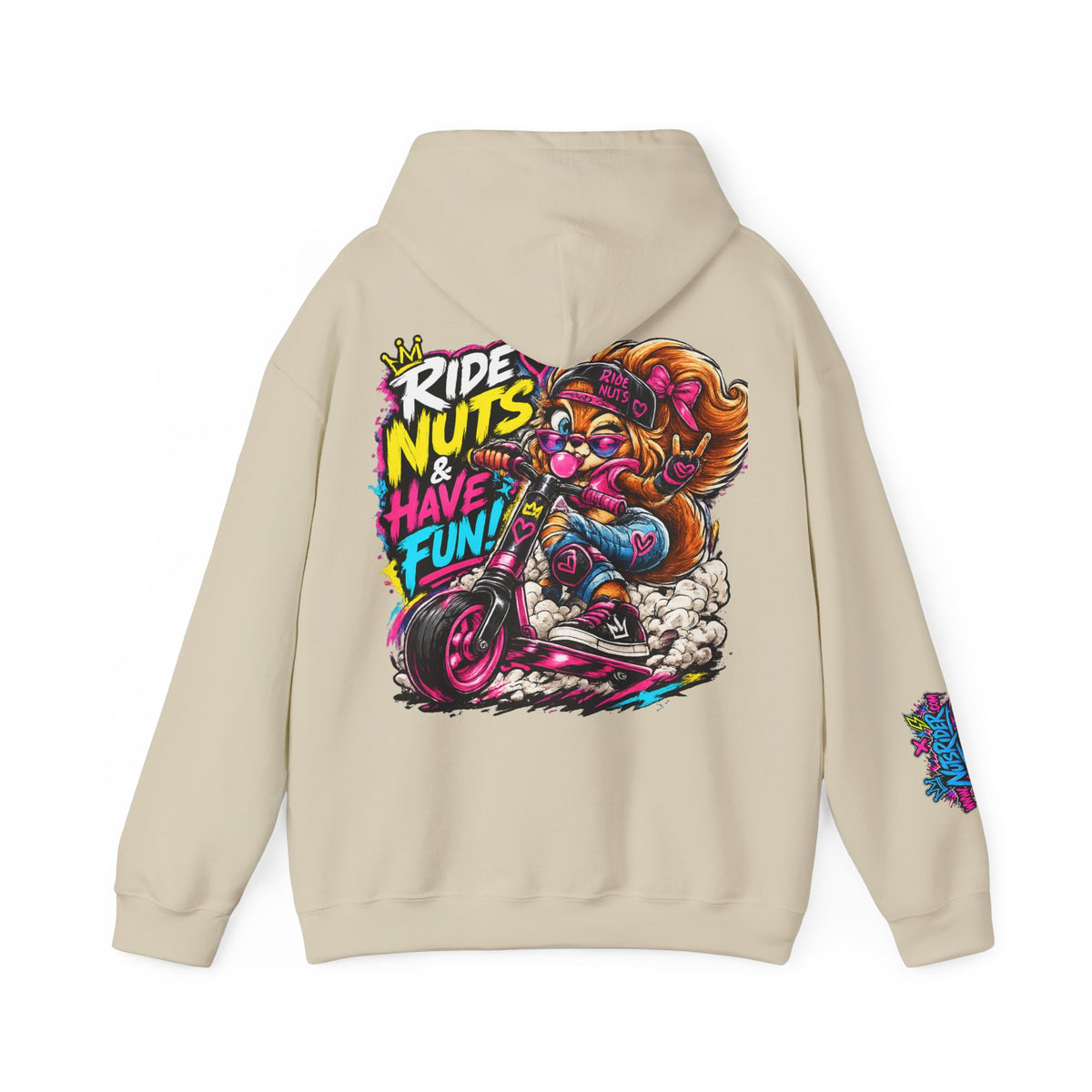 Ride Nuts Hoodie — Retro Graffiti Motorcycle Cartoon Pullover ("Ride Nuts Have Fun")