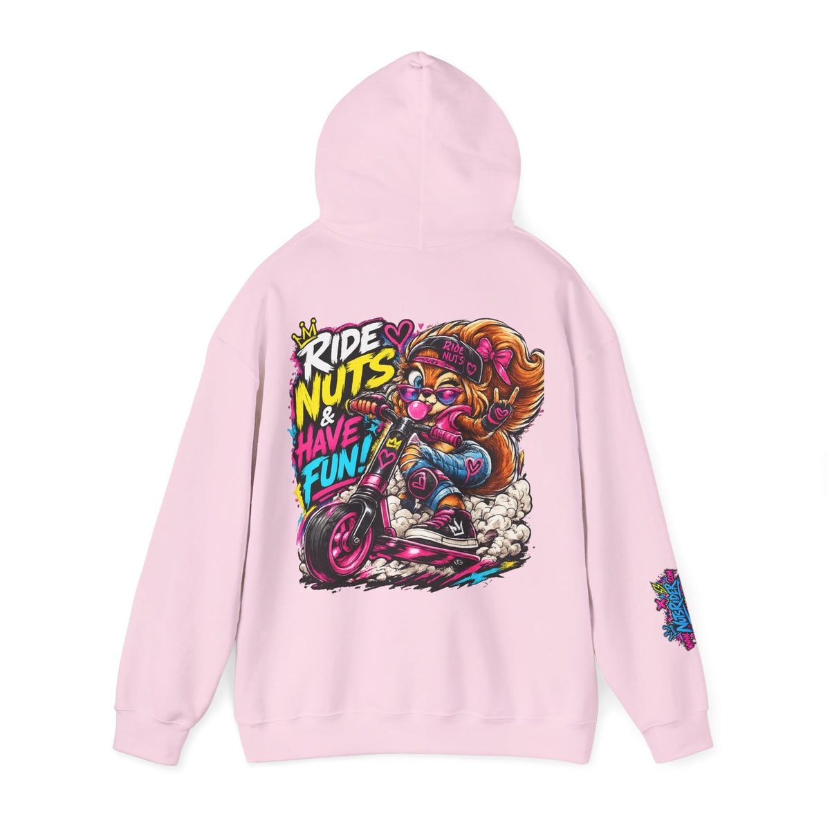 Ride Nuts Hoodie — Retro Graffiti Motorcycle Cartoon Pullover ("Ride Nuts Have Fun")