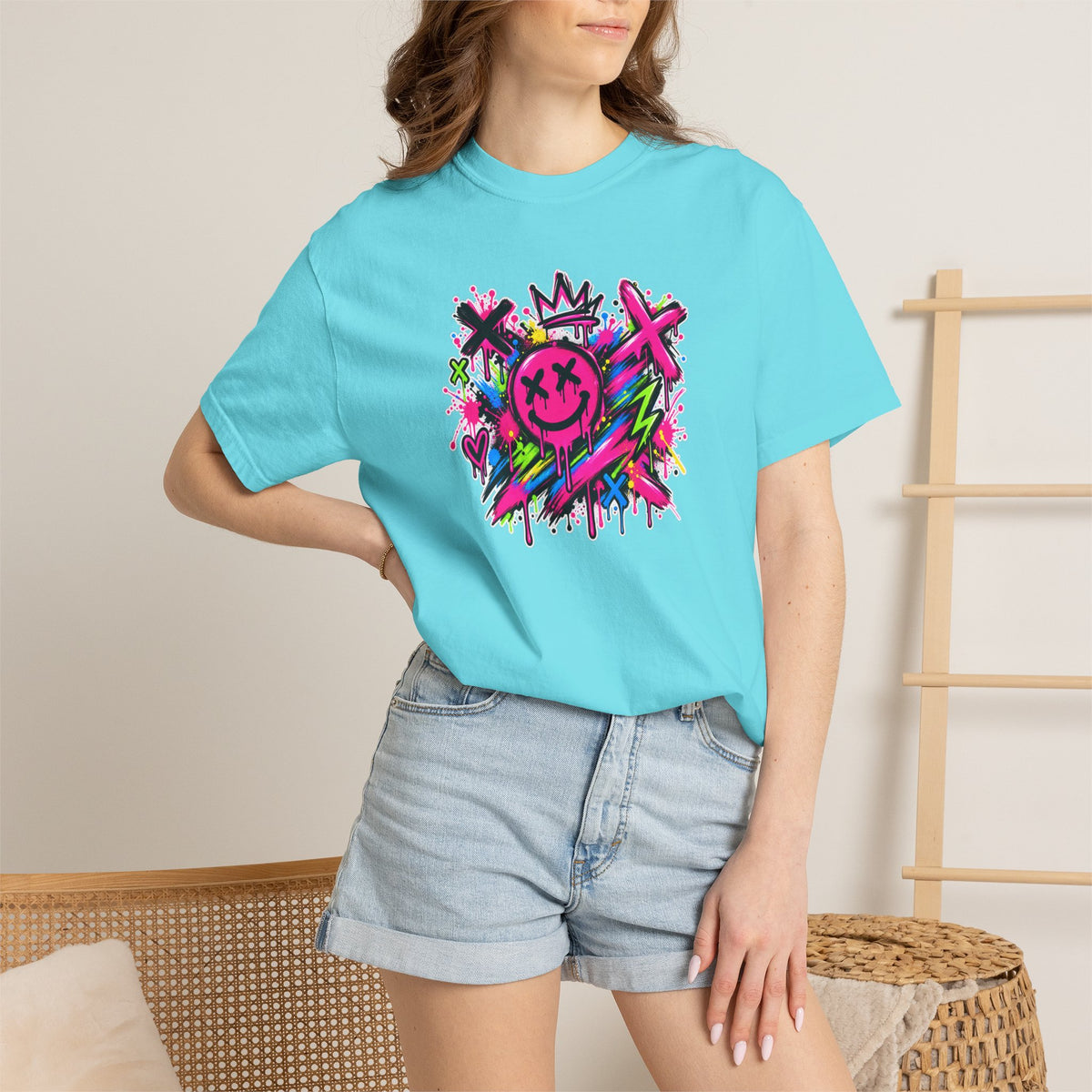 Graffiti Smiley T-Shirt — Neon Street Art Graphic Tee