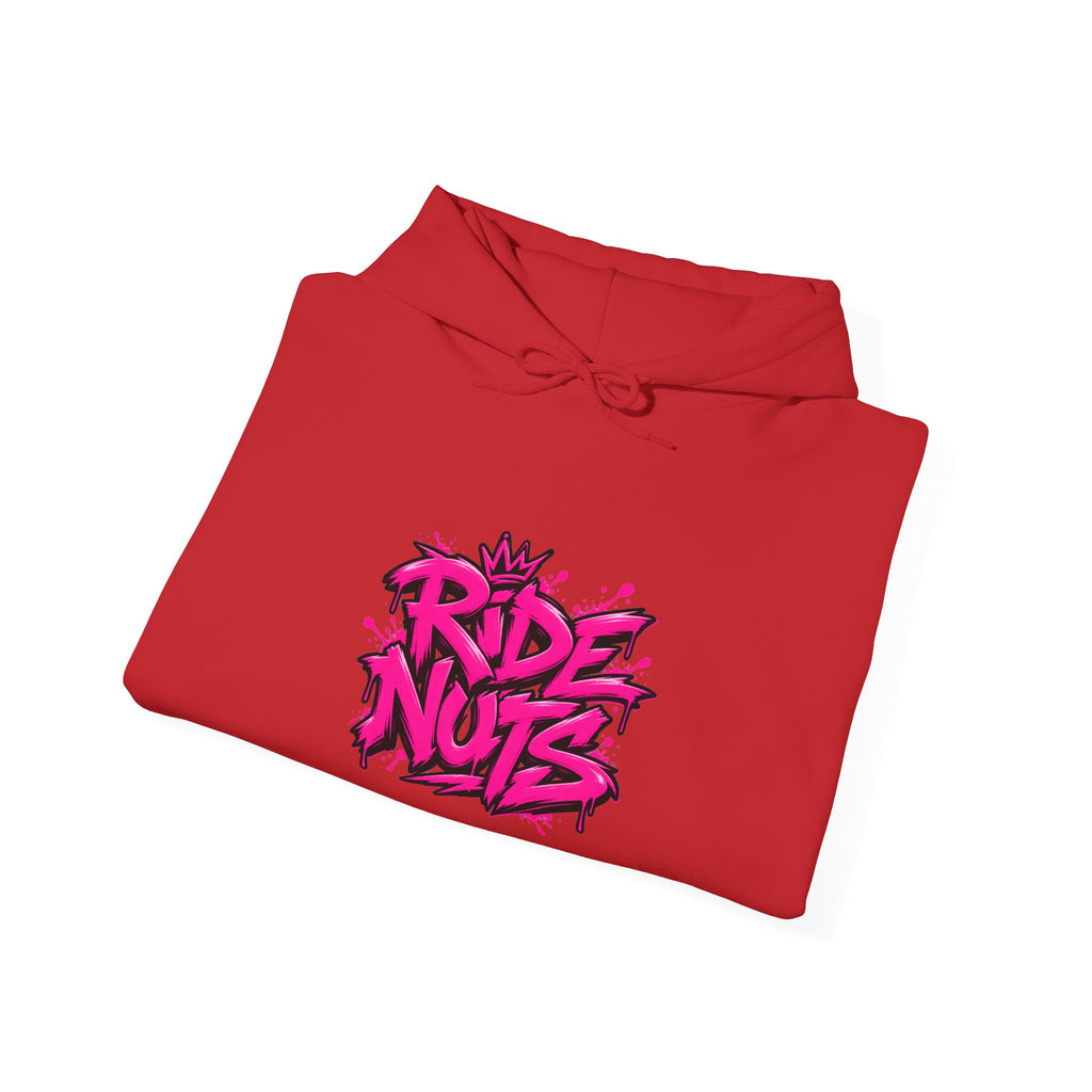 Ride Nuts Hoodie — Retro Graffiti Motorcycle Cartoon Pullover ("Ride Nuts Have Fun")