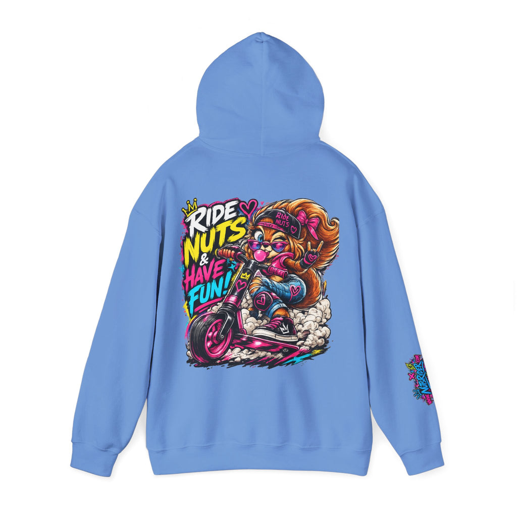 Ride Nuts Hoodie — Retro Graffiti Motorcycle Cartoon Pullover ("Ride Nuts Have Fun")