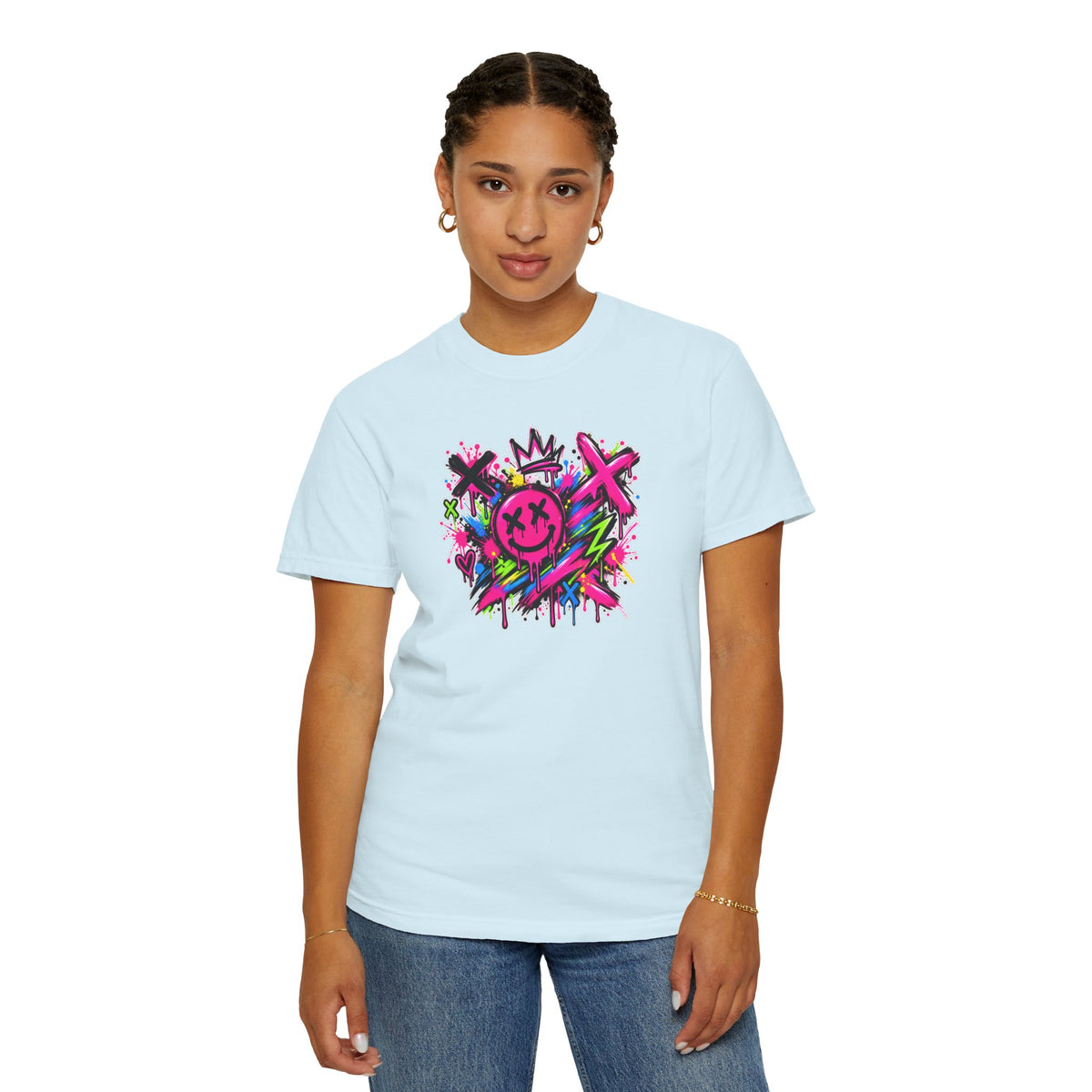 Graffiti Smiley T-Shirt — Neon Street Art Graphic Tee