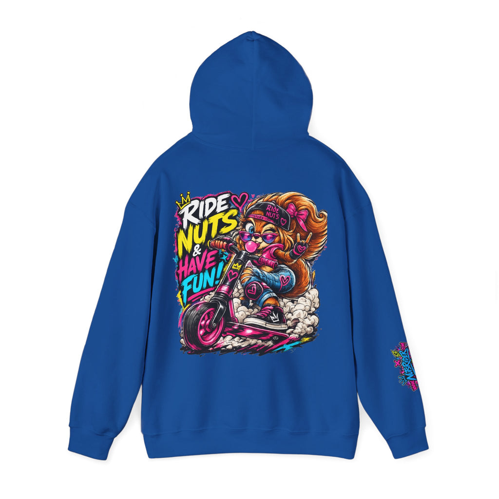 Ride Nuts Hoodie — Retro Graffiti Motorcycle Cartoon Pullover ("Ride Nuts Have Fun")