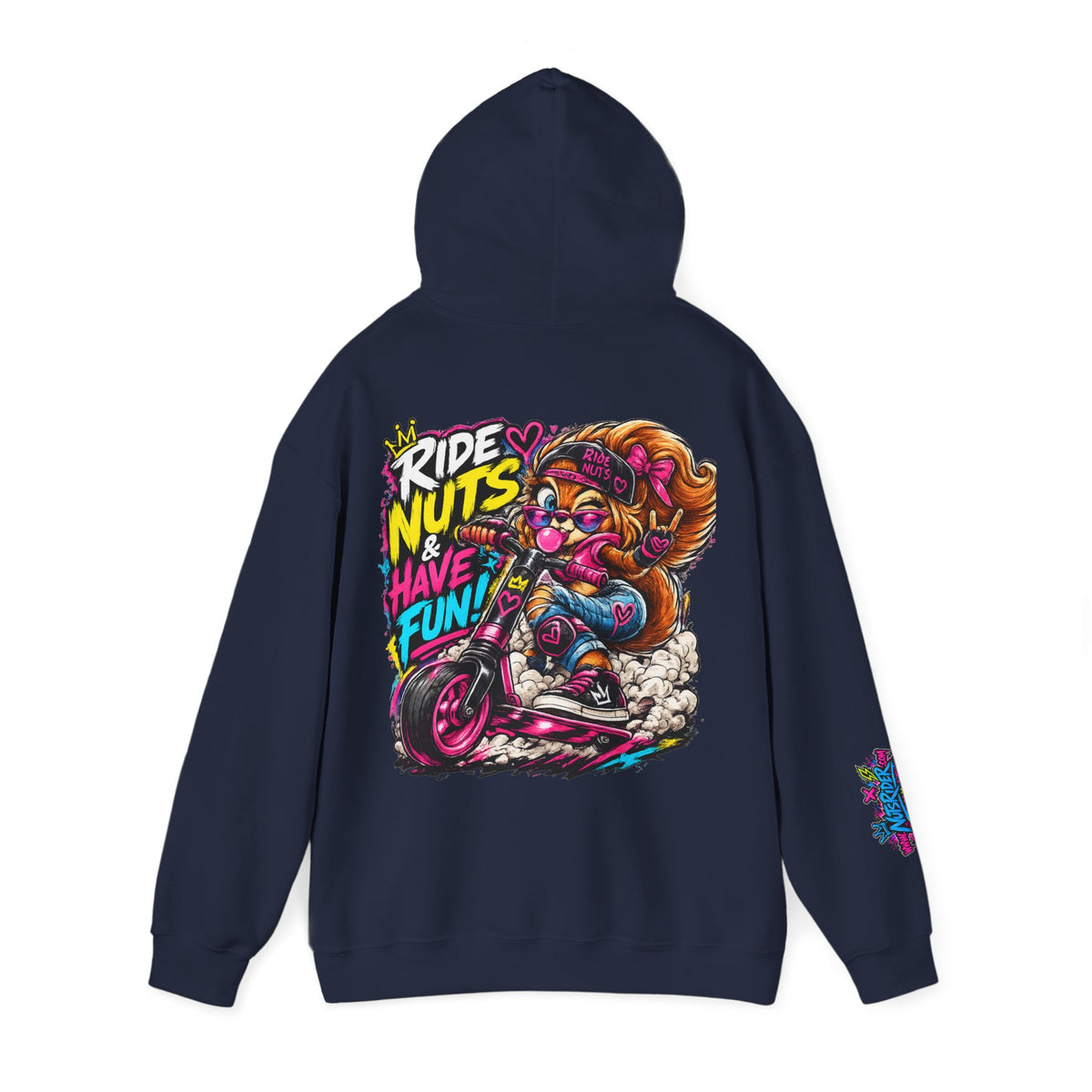 Ride Nuts Hoodie — Retro Graffiti Motorcycle Cartoon Pullover ("Ride Nuts Have Fun")