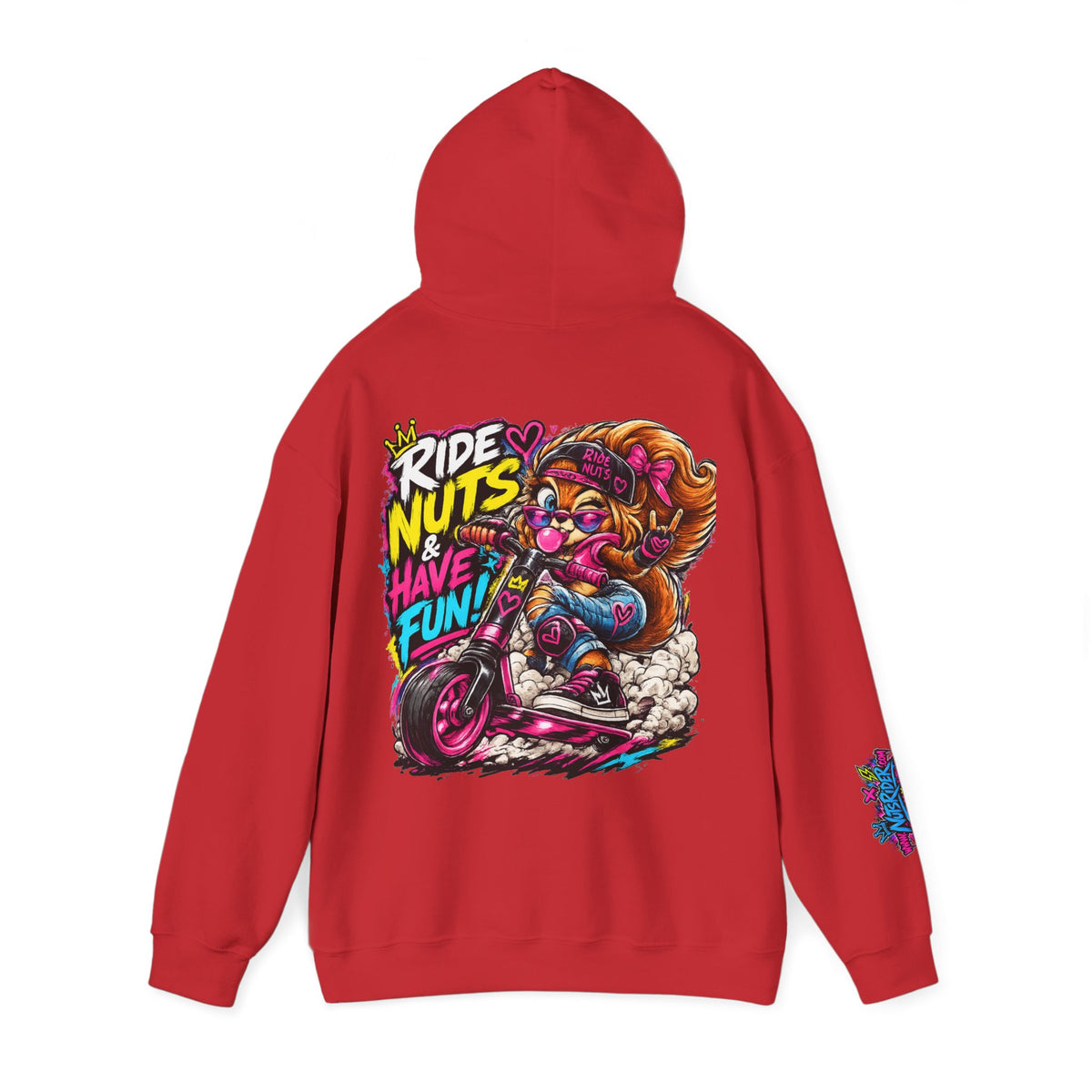 Ride Nuts Hoodie — Retro Graffiti Motorcycle Cartoon Pullover ("Ride Nuts Have Fun")