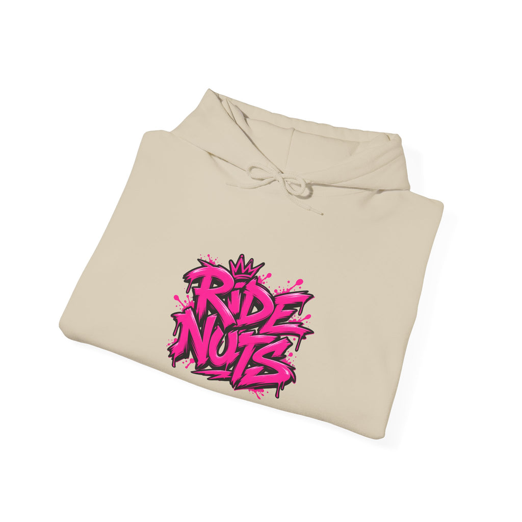 Ride Nuts Hoodie — Retro Graffiti Motorcycle Cartoon Pullover ("Ride Nuts Have Fun")