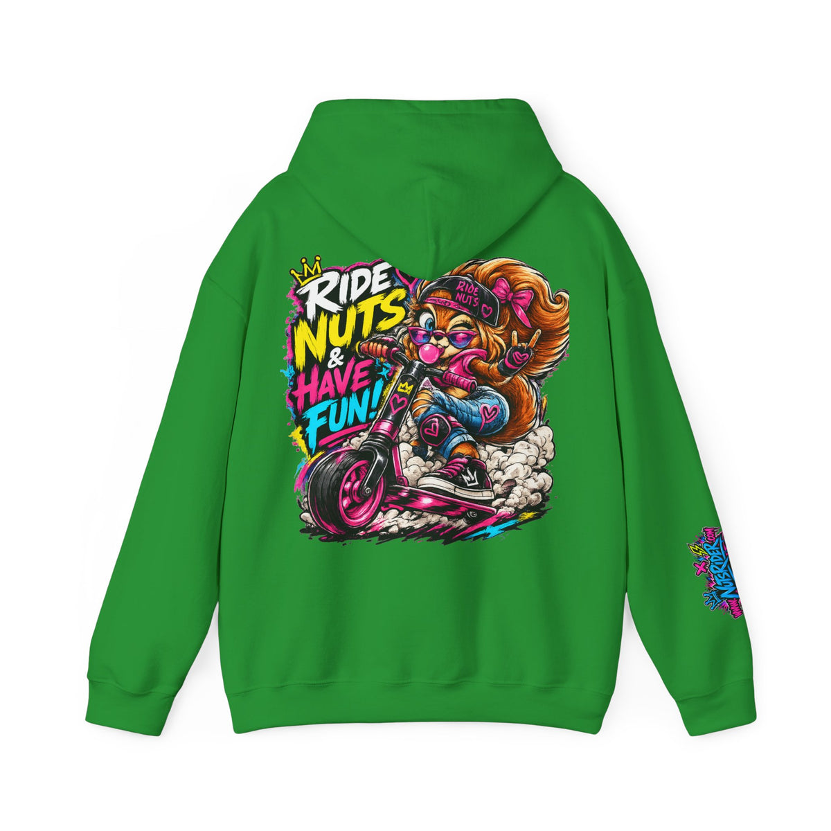 Ride Nuts Hoodie — Retro Graffiti Motorcycle Cartoon Pullover ("Ride Nuts Have Fun")