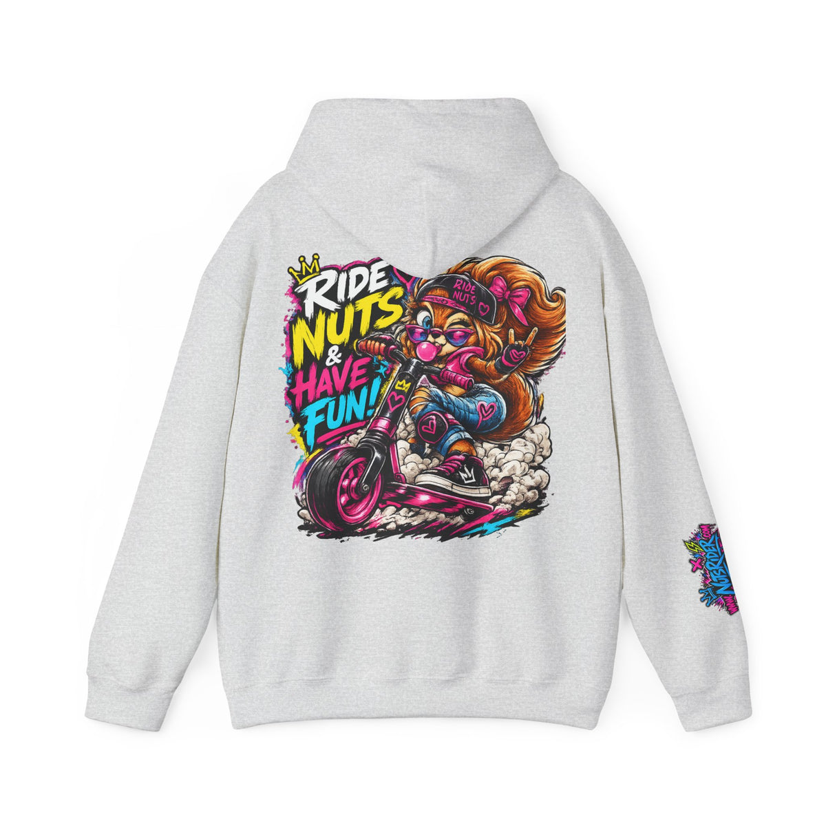 Ride Nuts Hoodie — Retro Graffiti Motorcycle Cartoon Pullover ("Ride Nuts Have Fun")