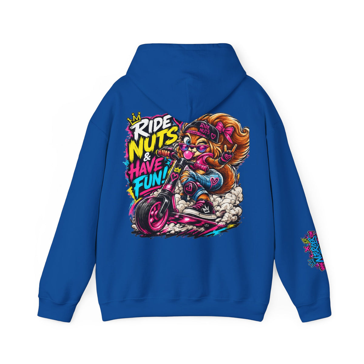 Ride Nuts Hoodie — Retro Graffiti Motorcycle Cartoon Pullover ("Ride Nuts Have Fun")