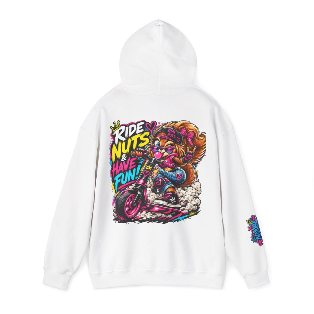 Ride Nuts Hoodie — Retro Graffiti Motorcycle Cartoon Pullover ("Ride Nuts Have Fun")