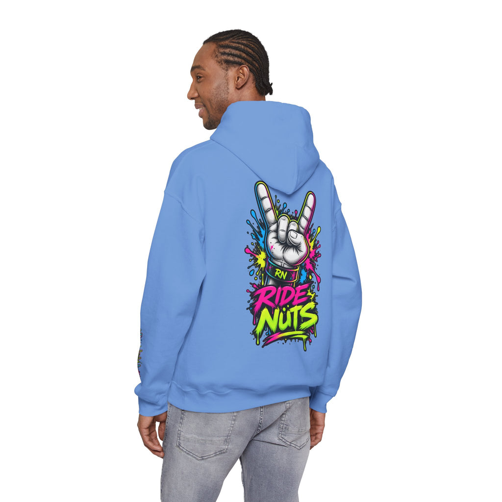 Ride Nuts Graphic Hoodie — Colorful Rock Hand Skull Moto Pullover