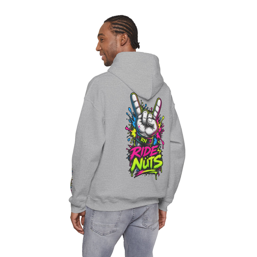 Ride Nuts Graphic Hoodie — Colorful Rock Hand Skull Moto Pullover