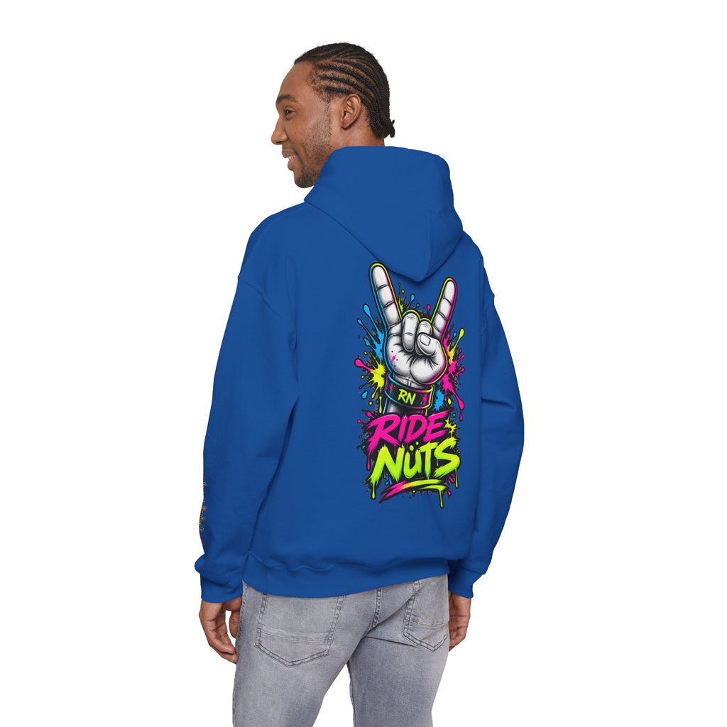 Ride Nuts Graphic Hoodie — Colorful Rock Hand Skull Moto Pullover