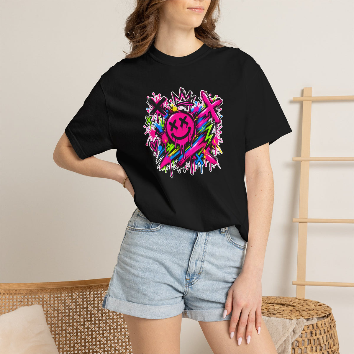 Graffiti Smiley T-Shirt — Neon Street Art Graphic Tee