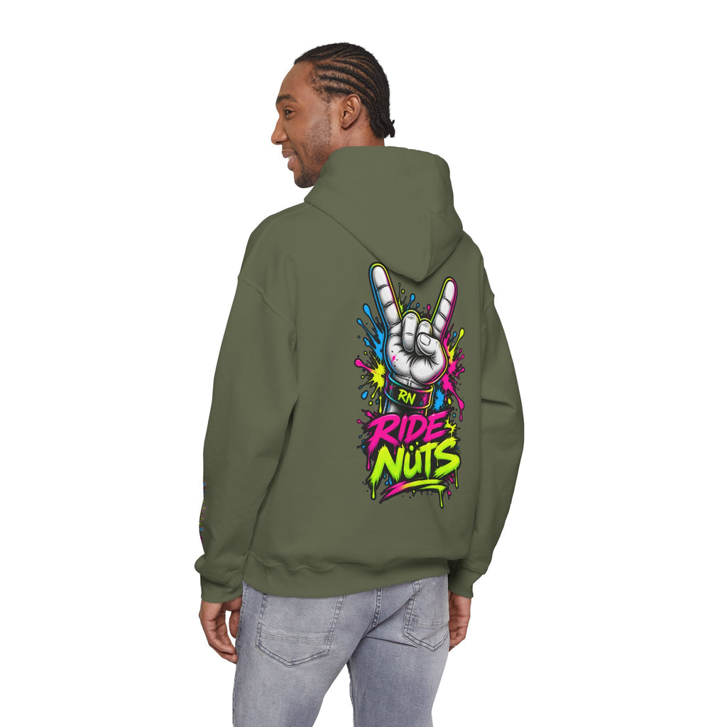 Ride Nuts Graphic Hoodie — Colorful Rock Hand Skull Moto Pullover