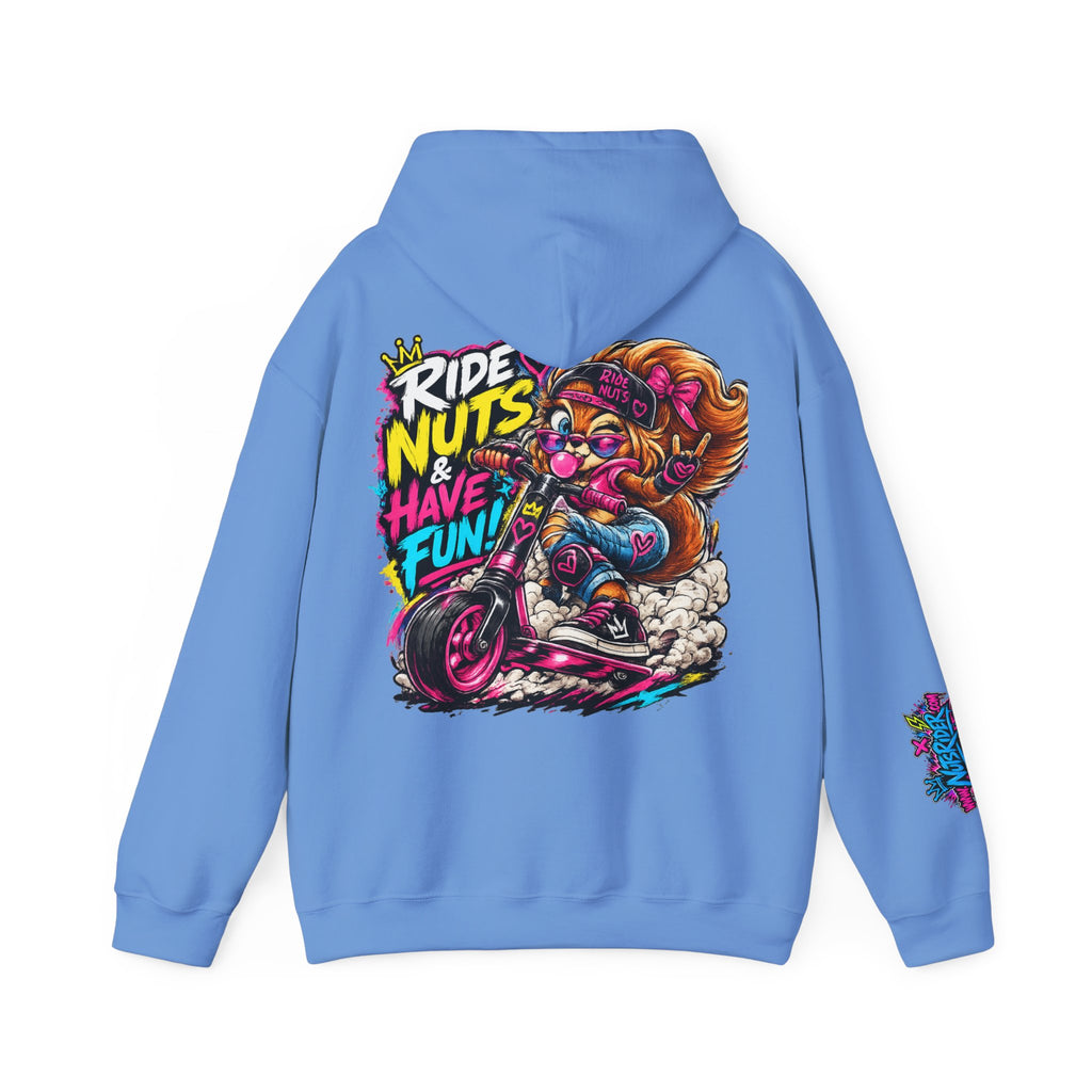 Ride Nuts Hoodie — Retro Graffiti Motorcycle Cartoon Pullover ("Ride Nuts Have Fun")