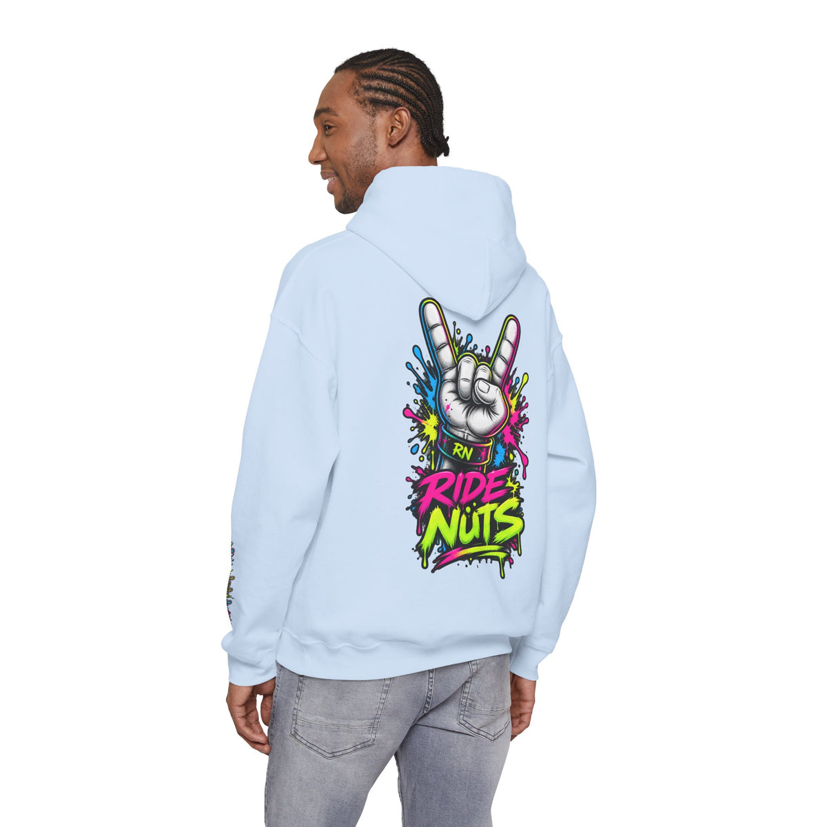 Ride Nuts Graphic Hoodie — Colorful Rock Hand Skull Moto Pullover