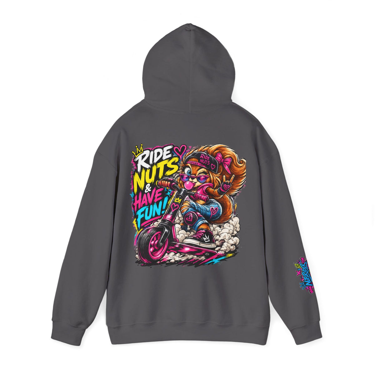 Ride Nuts Hoodie — Retro Graffiti Motorcycle Cartoon Pullover ("Ride Nuts Have Fun")
