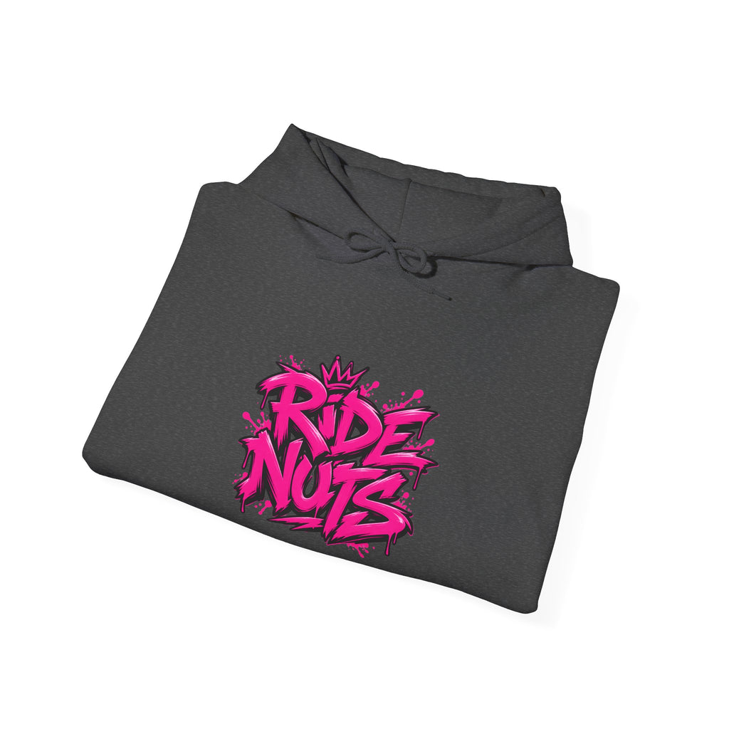 Ride Nuts Hoodie — Retro Graffiti Motorcycle Cartoon Pullover ("Ride Nuts Have Fun")